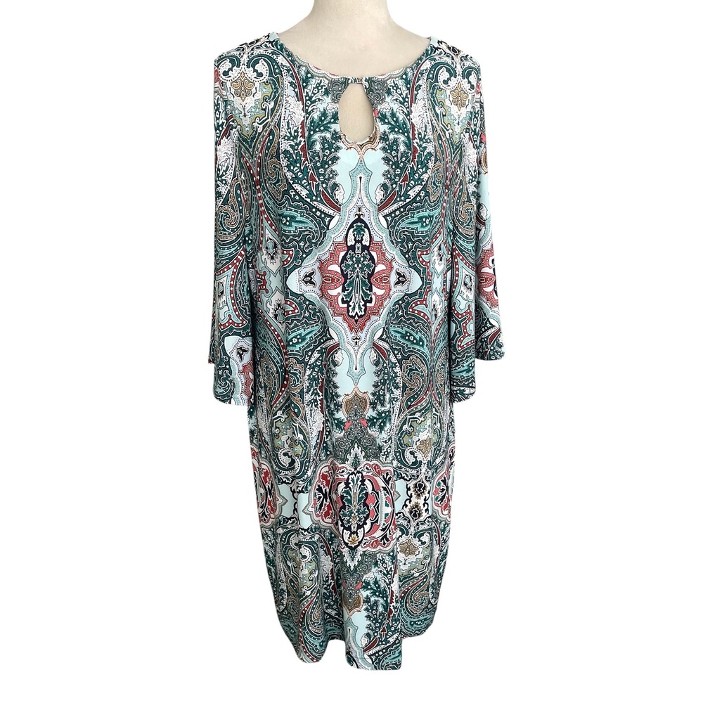 Chicos Golden Paisley Shift Dress Size 2‎ Large Resort Coastal Relaxed Printed